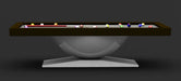 Front view of White Billiards Dome table with black frame and gray felt, showcasing its sculptural curved base