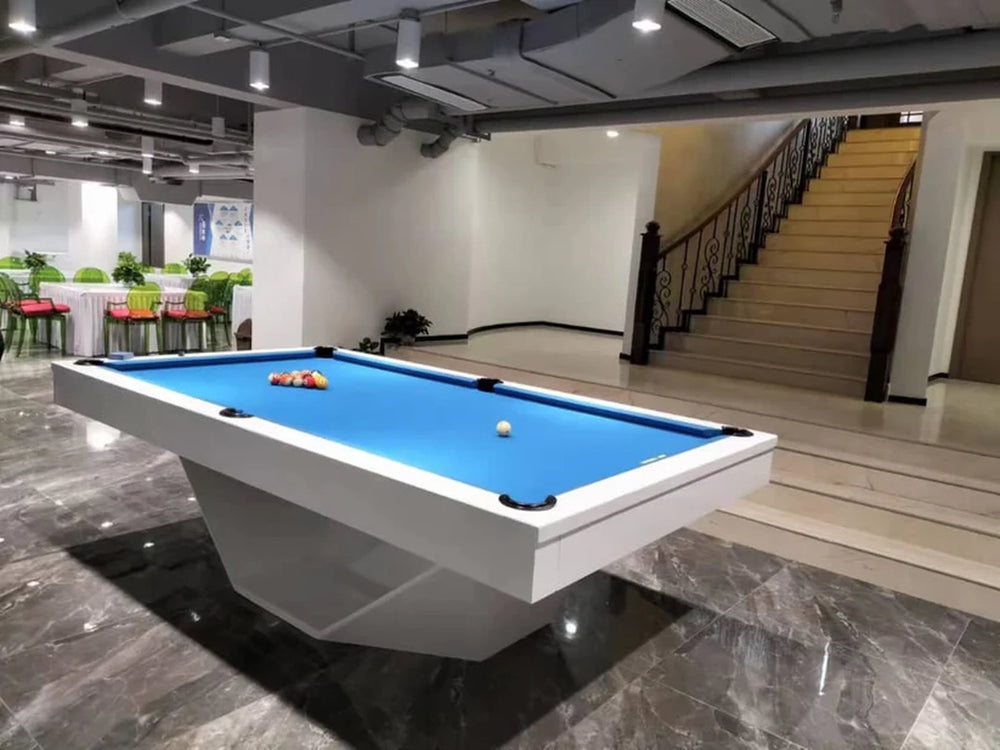 White Billiards Olics contemporary slate billiard table with white base and blue felt