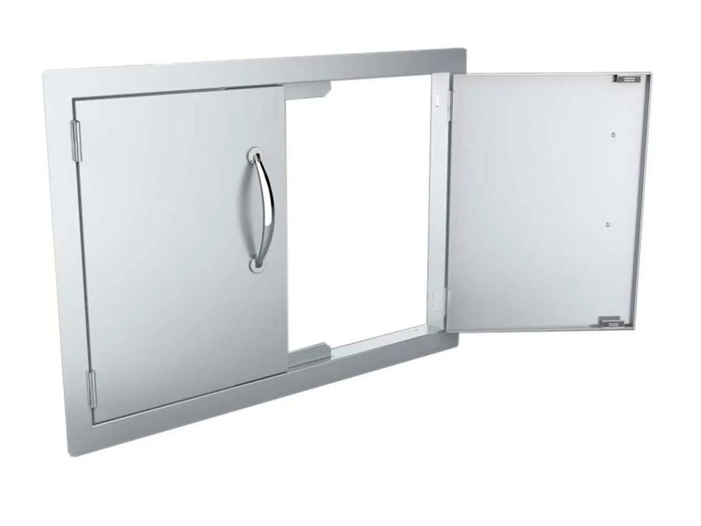 Sunstone A-DD30 shown partially open – demonstrates interior opening and hinge layout for quick service access behind the grill island.