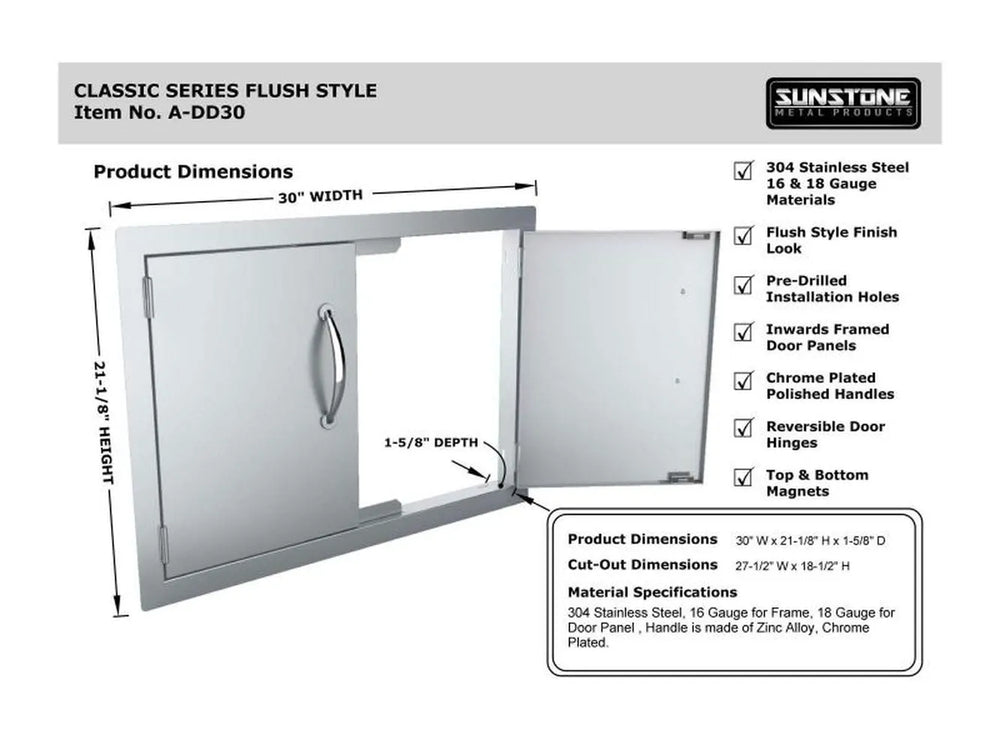 Sunstone A-DD30 Classic Series flush style – product & cutout dimensions plus construction details (304 SS, pre-drilled holes, magnets, reversible hinges).
