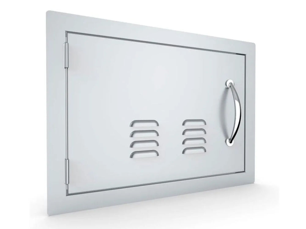 Angled view of Sunstone A-DH1420-L vented 14x20 stainless access door – left-hinge service door for outdoor BBQ islands and equipment ventilation.