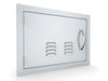 Angled view of Sunstone A-DH1420-L vented 14x20 stainless access door – left-hinge service door for outdoor BBQ islands and equipment ventilation.