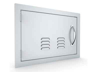 Angled view of Sunstone A-DH1420-L vented 14x20 stainless access door – left-hinge service door for outdoor BBQ islands and equipment ventilation.