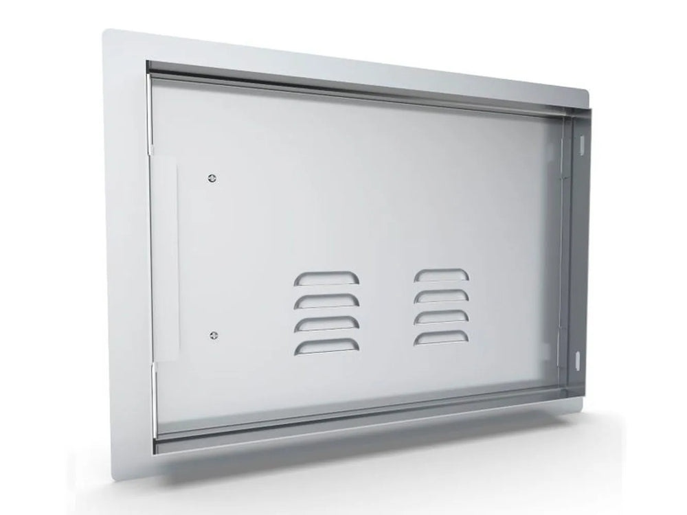 Rear view showing mounting frame and depth of Sunstone A-DH1420-L – 14" x 20" vented 304 SS access door for built-in outdoor kitchen installations.