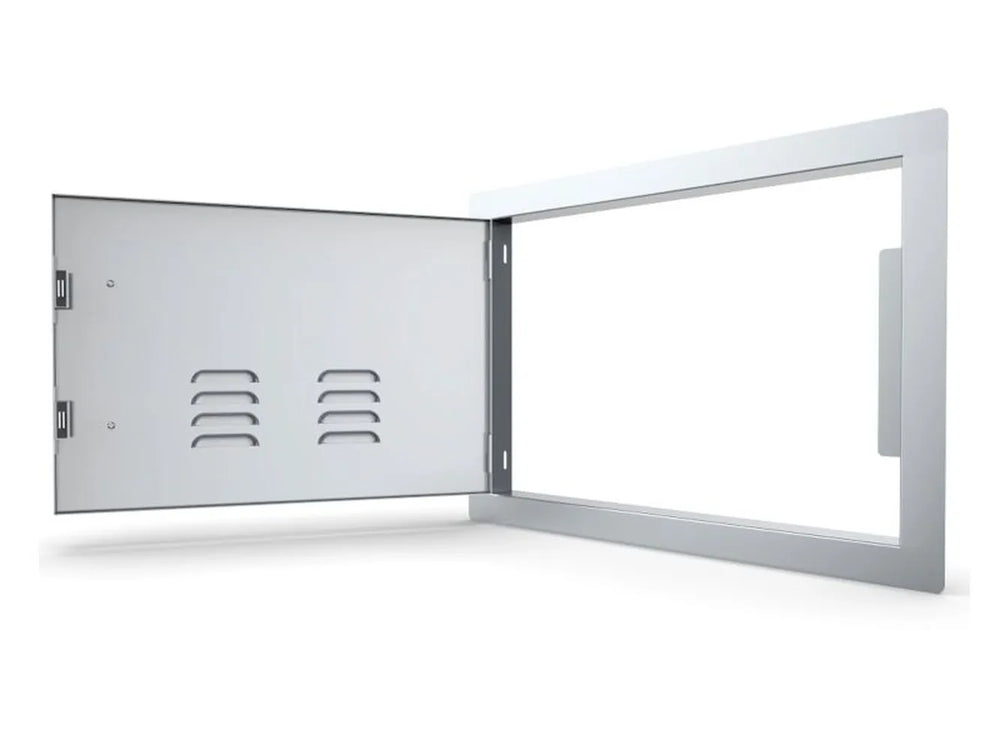 Sunstone A-DH1420-L shown open – vented left-swing access door with full service opening for outdoor kitchen and grill island access.