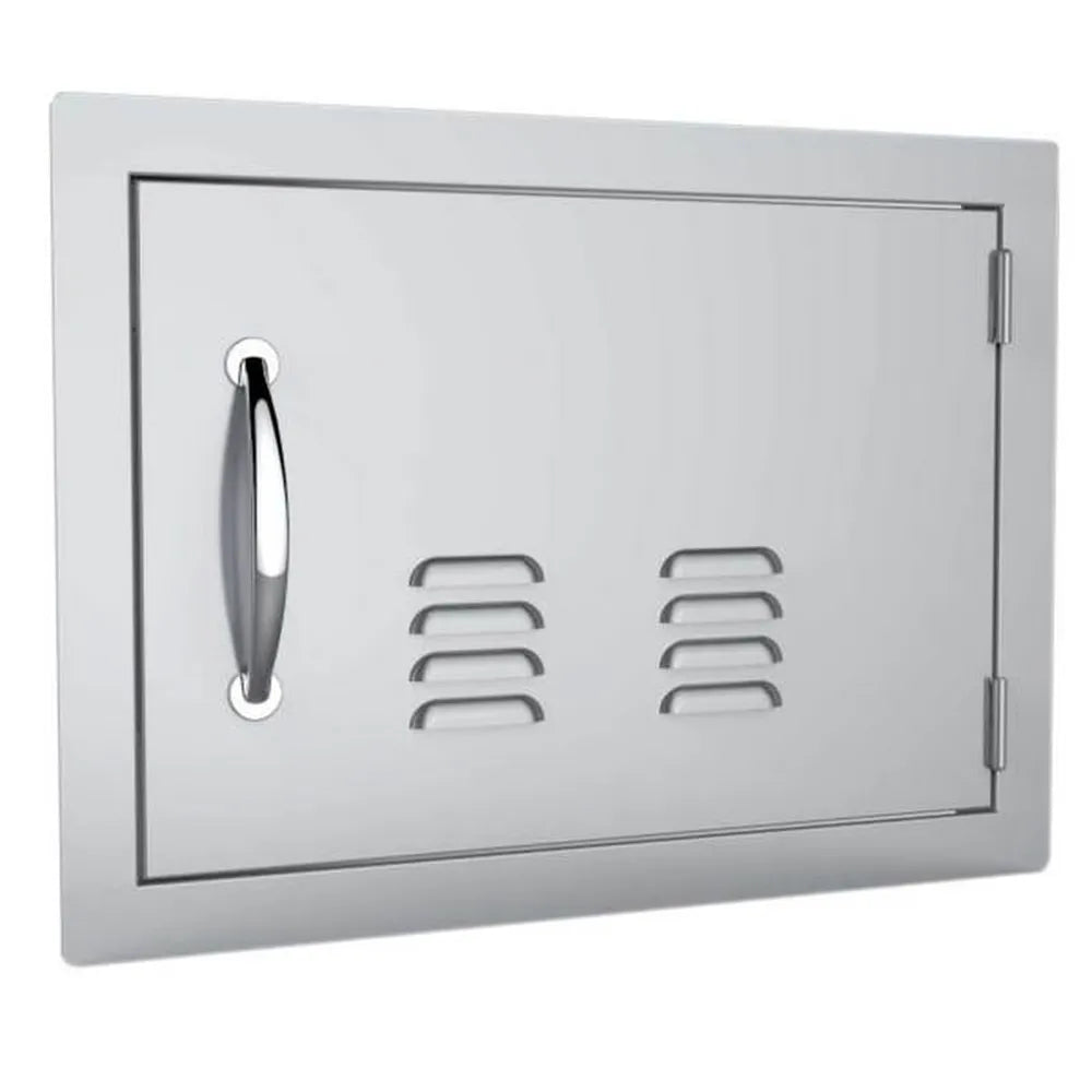 Angled view of Sunstone A-DH1420 vented 14x20 stainless access door – right-hinge utility door for outdoor BBQ islands and equipment ventilation.