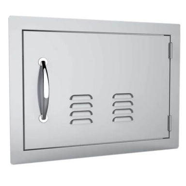 Angled view of Sunstone A-DH1420 vented 14x20 stainless access door – right-hinge utility door for outdoor BBQ islands and equipment ventilation.