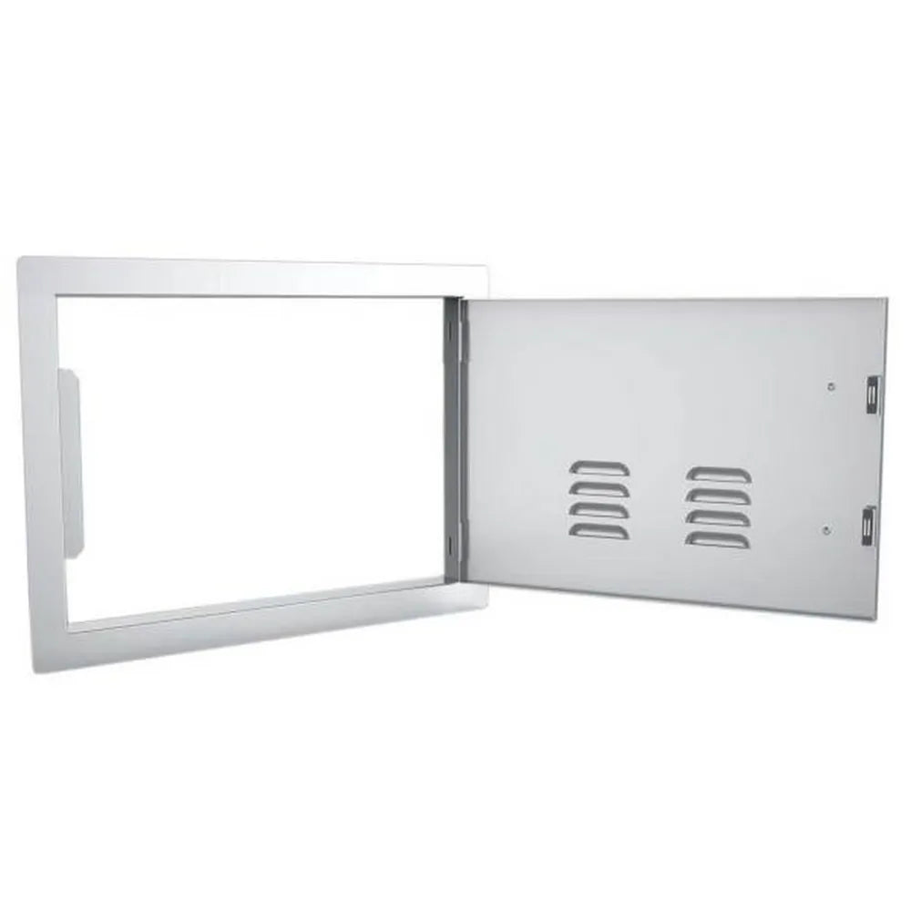 Sunstone A-DH1420 shown open – vented right-swing access door with full service opening for outdoor kitchen and grill island access.