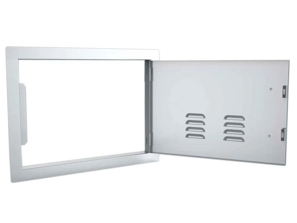 Sunstone A-DH1724-R 17" x 24" vented access door shown open – right-swing 304 stainless outdoor kitchen utility door with louvered vents for airflow.