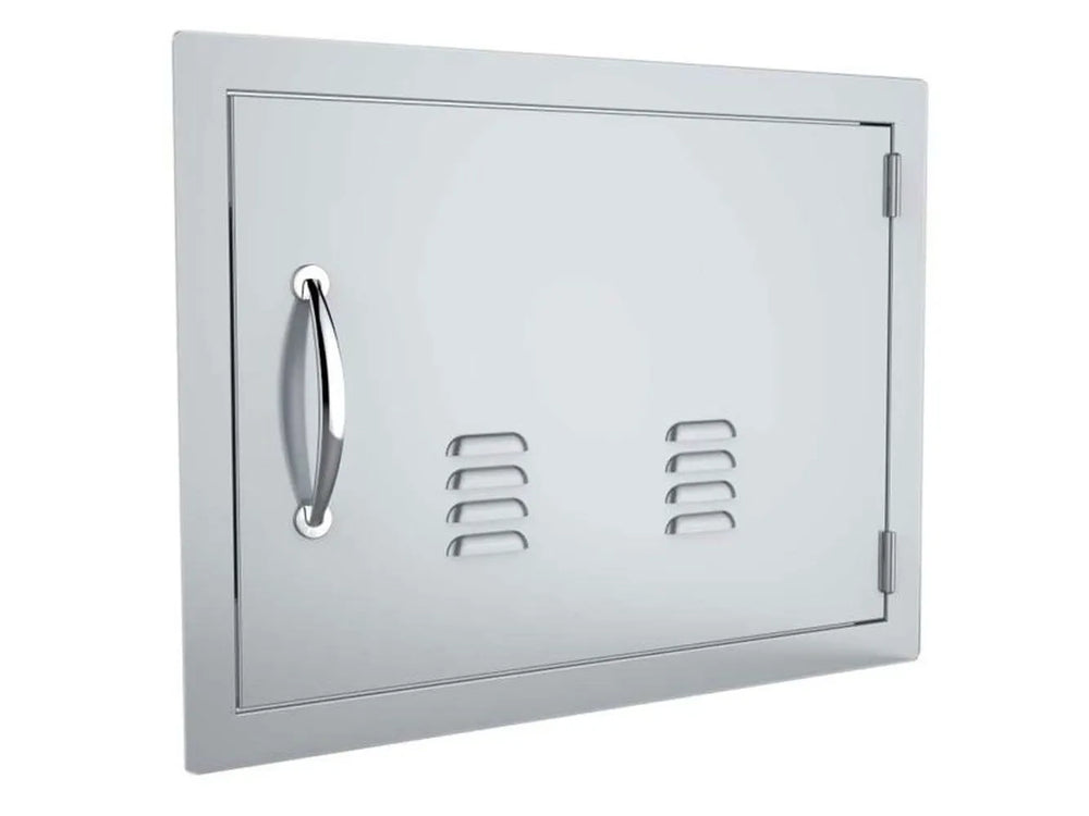 Angled view of Sunstone A-DH1724-R vented 17" x 24" stainless access door – right-swing outdoor kitchen access panel for built-in grill islands.