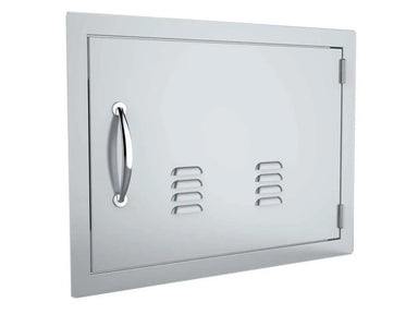 Angled view of Sunstone A-DH1724-R vented 17" x 24" stainless access door – right-swing outdoor kitchen access panel for built-in grill islands.