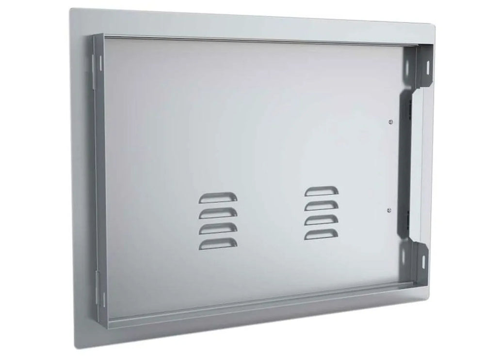 Rear view of Sunstone A-DH1724-R showing mounting frame and depth – 17x24 vented 304 SS access door for outdoor kitchen enclosures and service access.
