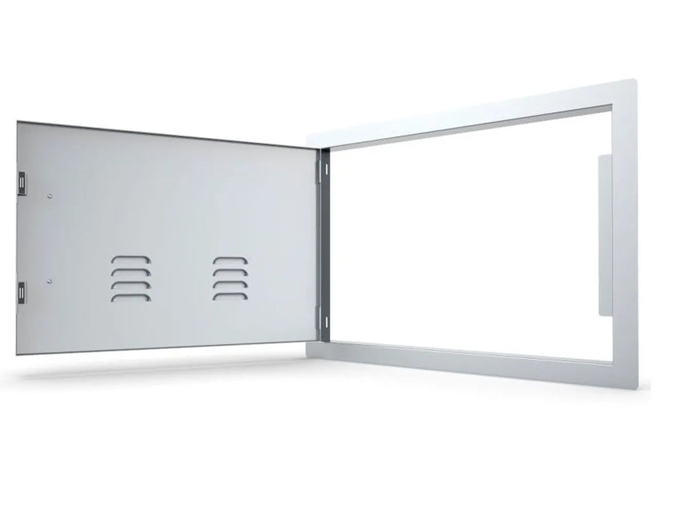 Sunstone A-DH1724-L 17" x 24" vented access door shown open – left-swing 304 stainless outdoor kitchen utility door with louvered vents for airflow.