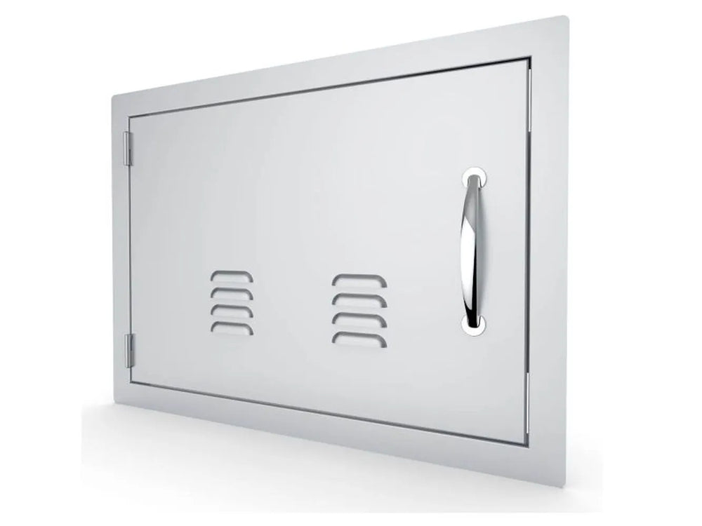 Angled view of Sunstone A-DH1724-L vented 17" x 24" stainless access door – left-swing outdoor kitchen access panel for built-in grill islands.