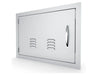 Angled view of Sunstone A-DH1724-L vented 17" x 24" stainless access door – left-swing outdoor kitchen access panel for built-in grill islands.