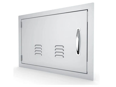 Angled view of Sunstone A-DH1724-L vented 17" x 24" stainless access door – left-swing outdoor kitchen access panel for built-in grill islands.
