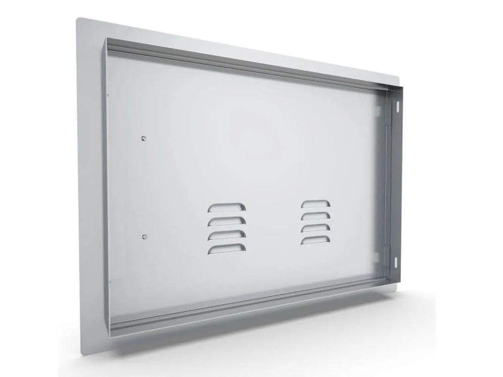 Rear view of Sunstone A-DH1724-L showing mounting frame and depth – 17x24 vented 304 SS access door for outdoor kitchen enclosures and service access.