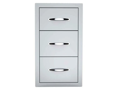 Sunstone BA-DPCF17 paper towel drawer combo in 304 stainless steel with three stacked fronts and polished pull handles for outdoor kitchens.