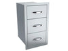 Angled view of Sunstone BA-DPCF17 304 stainless paper towel drawer combo, compact outdoor kitchen storage unit with three pull handles.