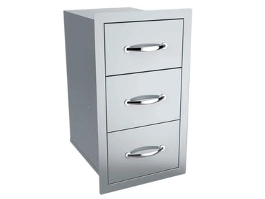 Angled view of Sunstone BA-DPCF17 304 stainless paper towel drawer combo, compact outdoor kitchen storage unit with three pull handles.