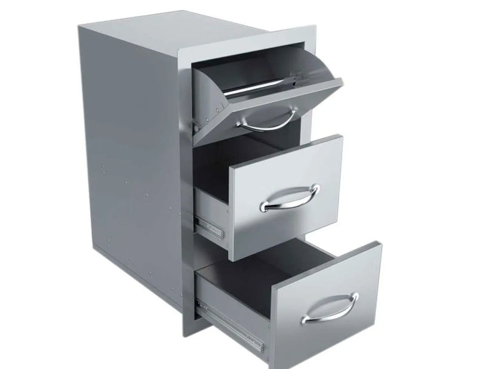 Top paper-towel holder flipped open, and both drawers pulled out.