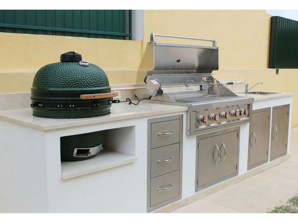 Outdoor BBQ Island with kamado grill and stainless gas grill, plus Sunstone drawers and access doors for patio kitchen storage.