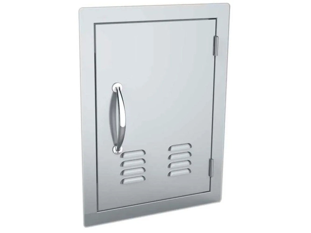 Angled view of Sunstone A-DV1420 vented 14x20 stainless access door – right-hinge outdoor BBQ island service door for airflow and easy access.