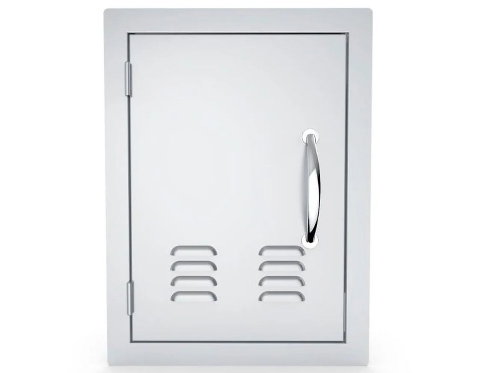 Sunstone A-DV1420-L 14" x 20" vented access door – left swing, 304 stainless steel outdoor kitchen utility door with louvered vents and vertical handle.