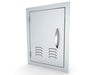 Angled view of Sunstone A-DV1420-L vented 14x20 stainless access door – left-hinge outdoor BBQ island service door for airflow and easy access.