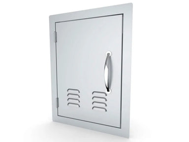 Angled view of Sunstone A-DV1420-L vented 14x20 stainless access door – left-hinge outdoor BBQ island service door for airflow and easy access.