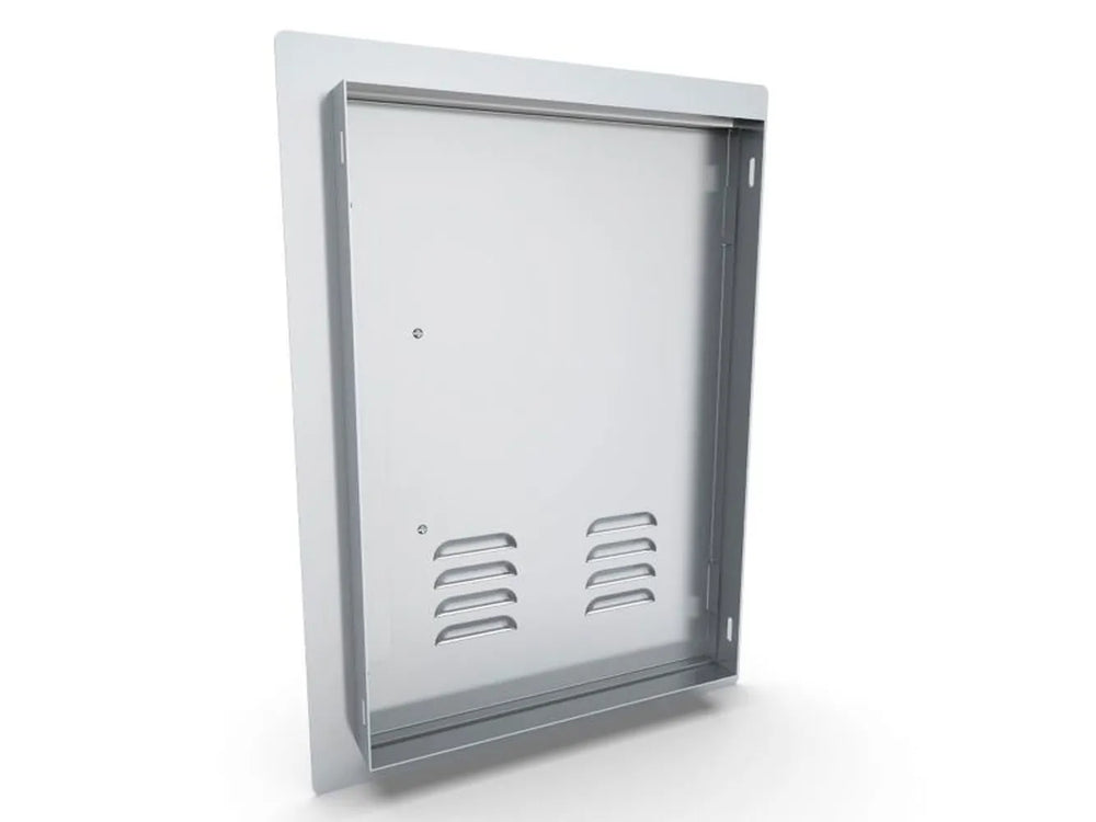 Rear view showing mounting frame and depth of Sunstone A-DV1420-L – 14" x 20" vented 304 SS access door for built-in outdoor kitchen installations.