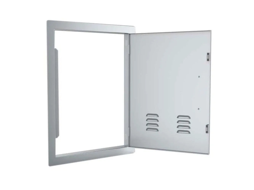 Sunstone A-DV1724 right-swing vented access door shown open – 304 stainless 17x24 outdoor kitchen access panel for easy utility access and airflow.