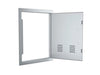 Sunstone A-DV1724 right-swing vented access door shown open – 304 stainless 17x24 outdoor kitchen access panel for easy utility access and airflow.
