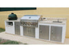 Outdoor kitchen island with built-in grill, sink, drawers, and Sunstone vented access doors – stainless utility access panels provide airflow and clean service access.