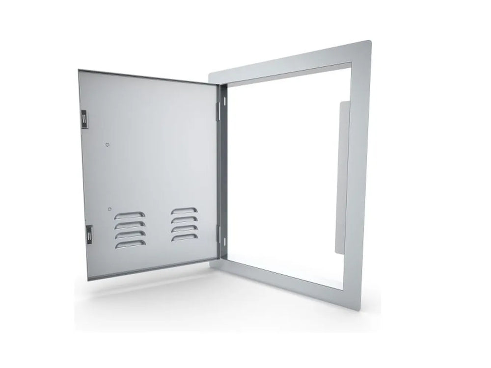 Sunstone A-DV1724-L 17" x 24" vented access door shown open – left-swing 304 stainless outdoor kitchen service door with louvered vents for airflow.