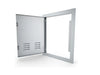 Sunstone A-DV1724-L 17" x 24" vented access door shown open – left-swing 304 stainless outdoor kitchen service door with louvered vents for airflow.