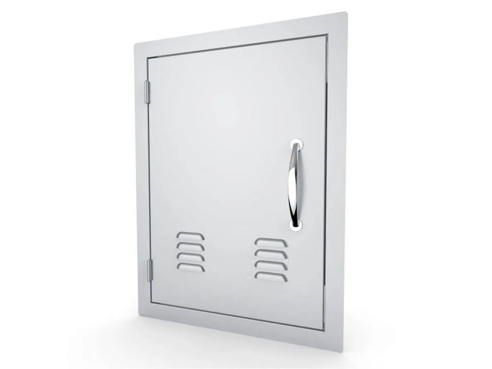 Angled view of Sunstone A-DV1724-L left-swing vented 17x24 access door – 304 SS BBQ island access panel for clean built-in installations.