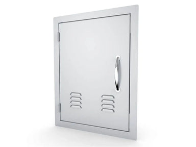 Angled view of Sunstone A-DV1724-L left-swing vented 17x24 access door – 304 SS BBQ island access panel for clean built-in installations.