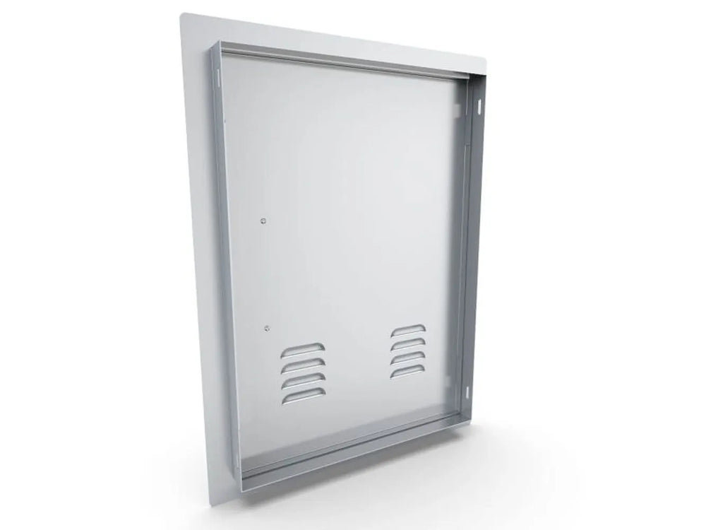 Rear view of Sunstone A-DV1724-L showing mounting frame depth – 17" x 24" vented 304 stainless access door for outdoor kitchen enclosures.