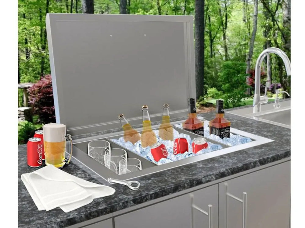 Sunstone A-IC 28-inch drop-in insulated ice chest installed in outdoor kitchen counter, filled with ice and drinks, 304 SS.