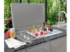 Sunstone A-IC 28-inch drop-in insulated ice chest installed in outdoor kitchen counter, filled with ice and drinks, 304 SS.