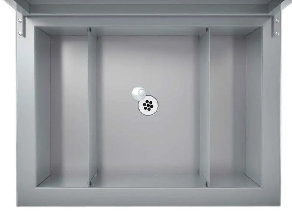 Top view of Sunstone A-IC 28-inch drop-in insulated ice chest interior with divided compartments and drain, 304 stainless steel.