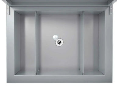 Top view of Sunstone A-IC 28-inch drop-in insulated ice chest interior with divided compartments and drain, 304 stainless steel.