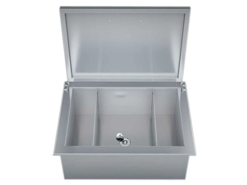 Sunstone A-IC 28-inch drop-in insulated ice chest open lid showing divided interior and drain, 304 SS outdoor bar cooler.