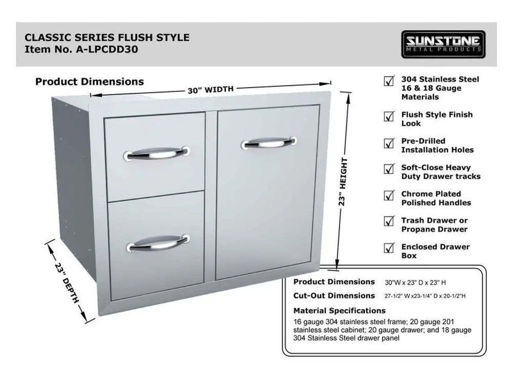 Sunstone A-LPCDD30 product dimensions and features diagram for 30-inch flush mount tank tray double drawer combo.