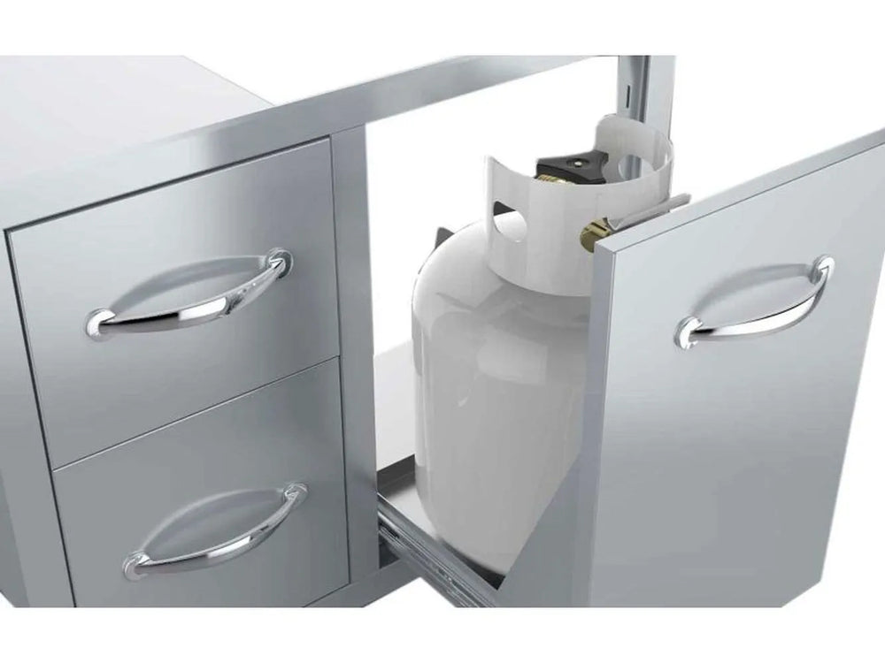 Close-up of propane tank on Sunstone A-LPCDD30 pull-out tray beside double drawers; tank not included.