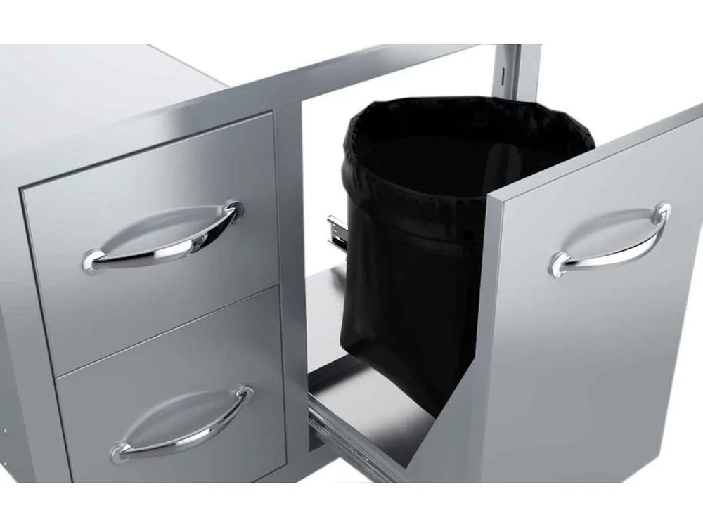 Sunstone A-LPCDD30 pull-out tray shown holding a trash bag insert next to stainless double drawers.