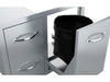 Sunstone A-LPCDD30 pull-out tray shown holding a trash bag insert next to stainless double drawers.