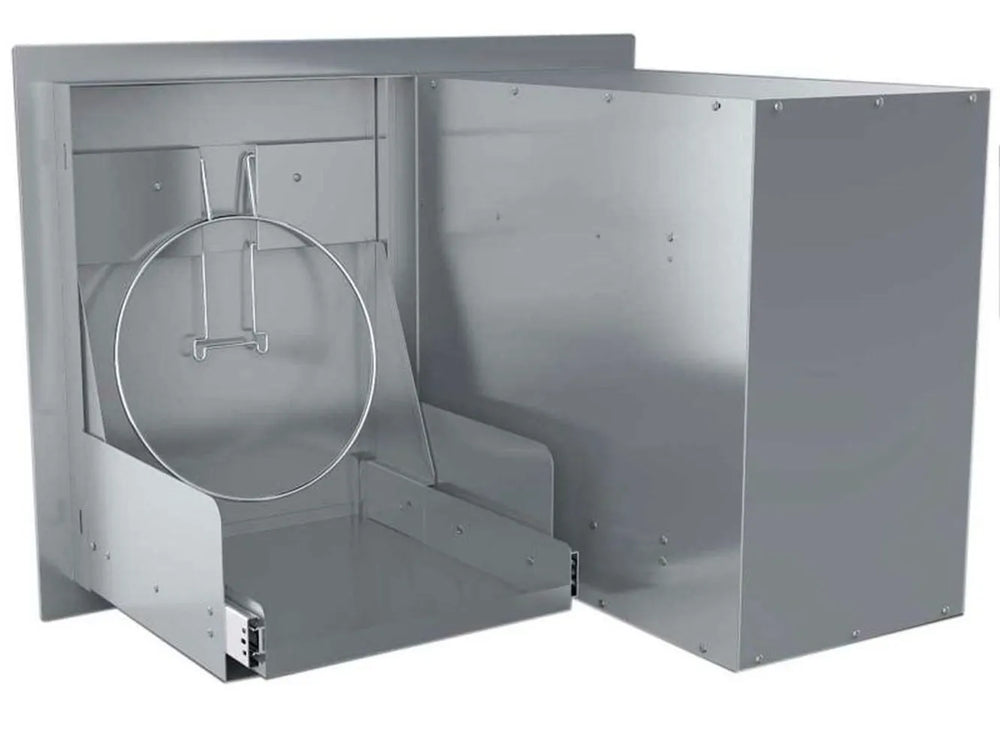 Rear interior view of Sunstone A-LPCDD30 showing pull-out tray base, tank ring holder, and cabinet frame.