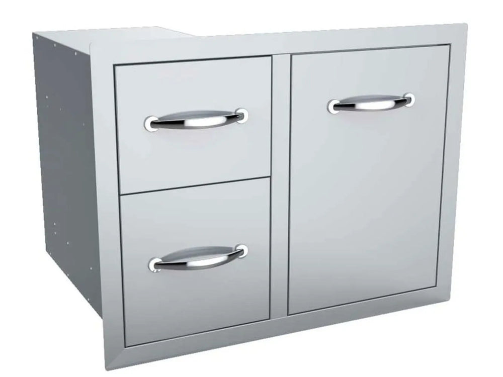 Angled view of Sunstone A-LPCDD30 stainless double drawers with right access panel, closed in cabinet frame.